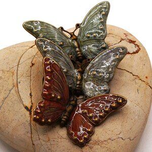 Vintage Trio of Butterflies Brooch Sea Green & Copper